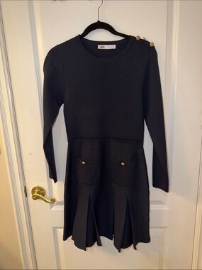 Zara Black Long-Sleeve Knit Dress with Gold Button